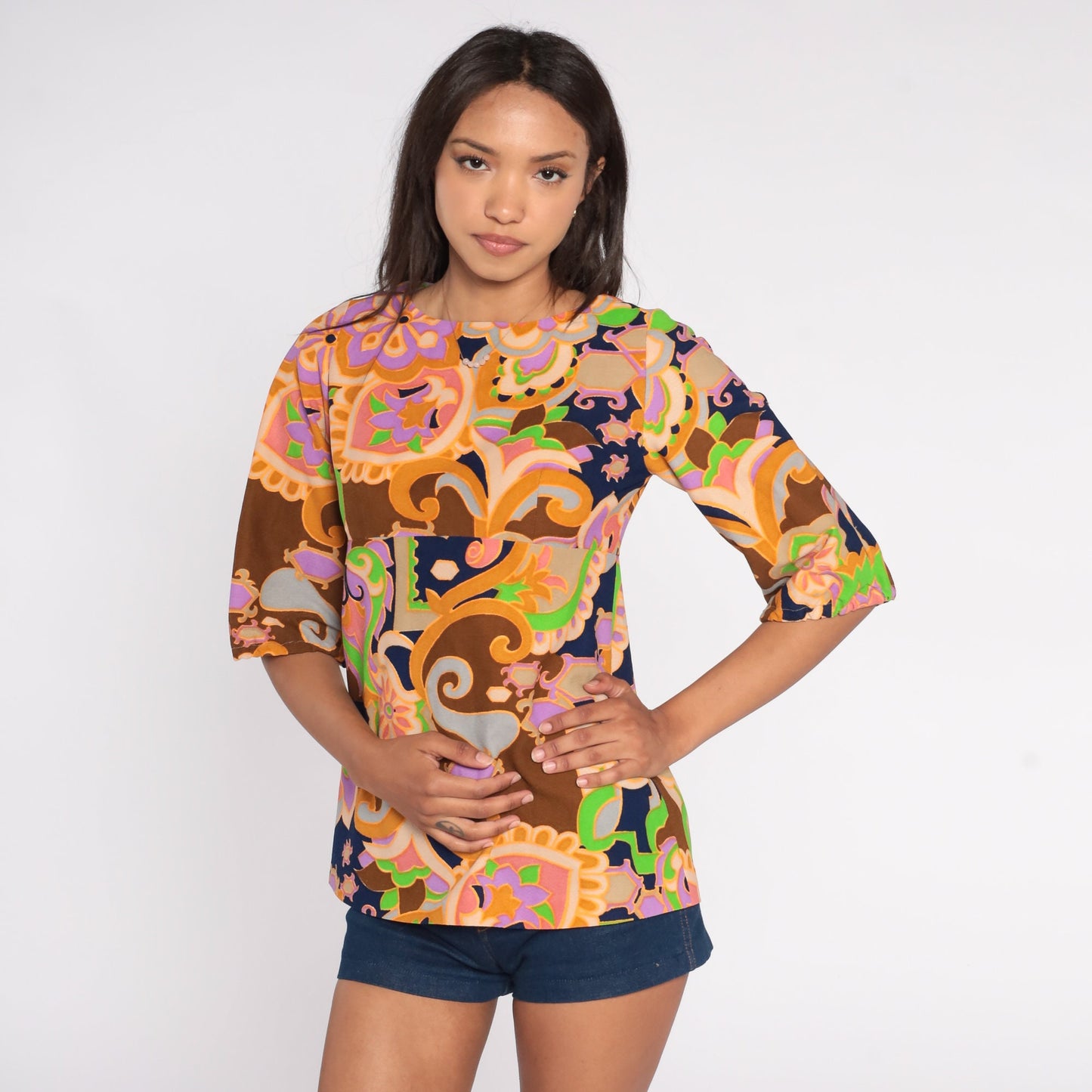 70s Floral Blouse Half-Sleeve Empire Waist Brown Psychedelic Shirt XS