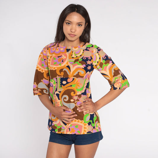70s Floral Blouse Half-Sleeve Empire Waist Brown Psychedelic Shirt XS