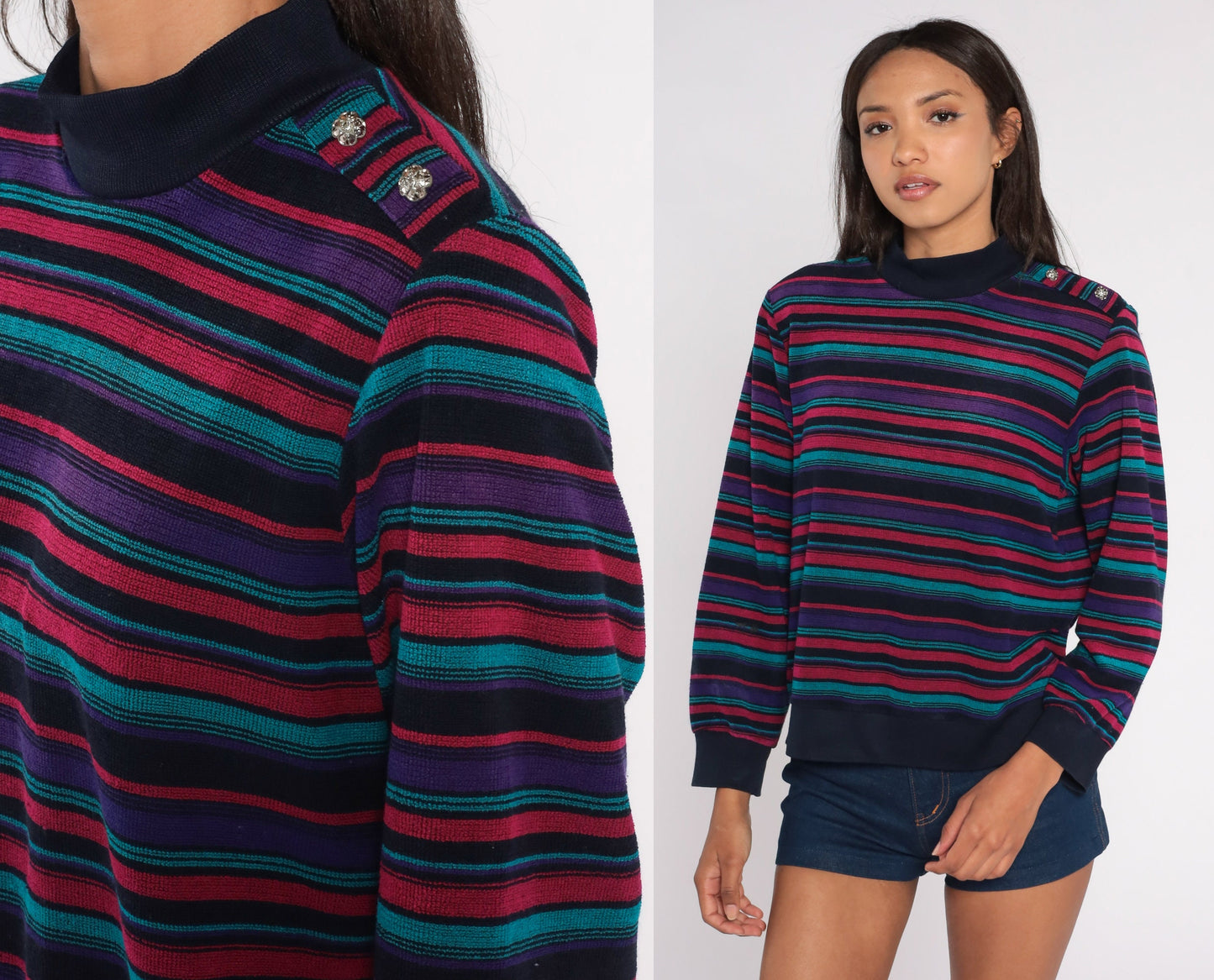 80s Striped Terry Cloth Mock Neck Blouse Floral Buttons Long Sleeve Large L