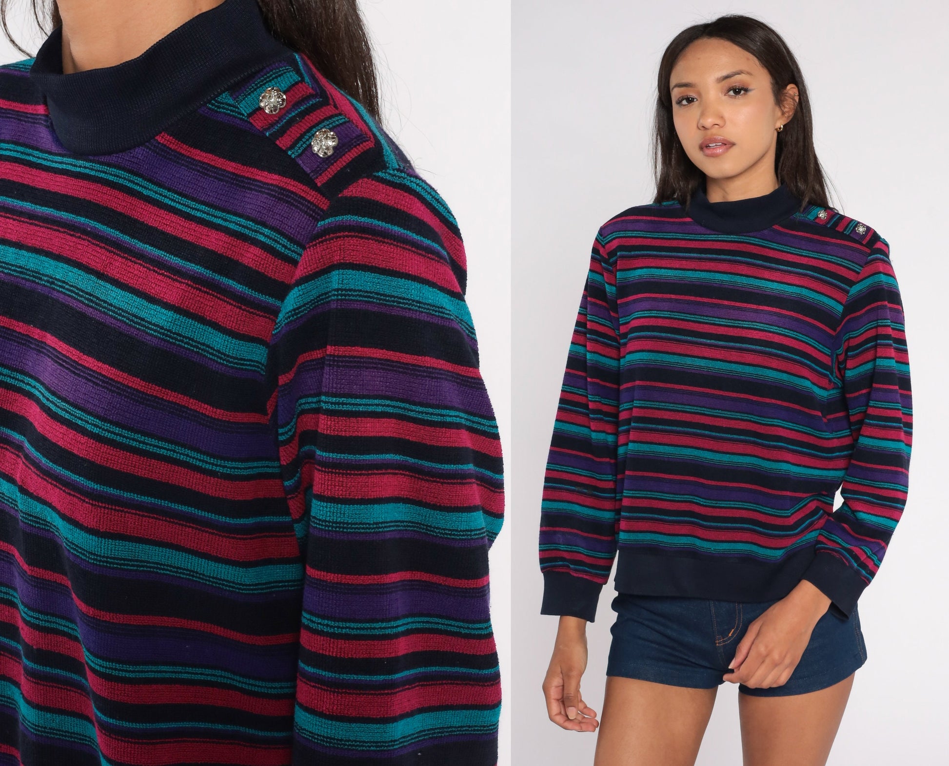 80s Striped Terry Cloth Mock Neck Blouse Floral Buttons Long Sleeve Large L