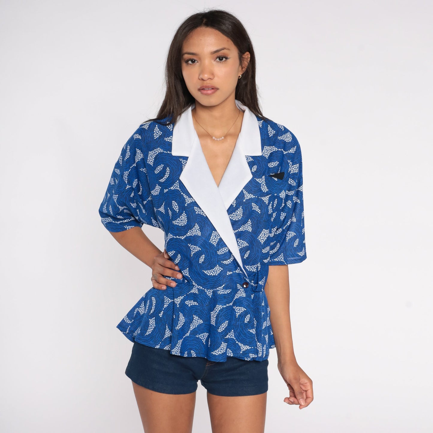 80s Blue Abstract Dot Wave Blouse Contrast Collar Peplum Wrap Shirt Large
