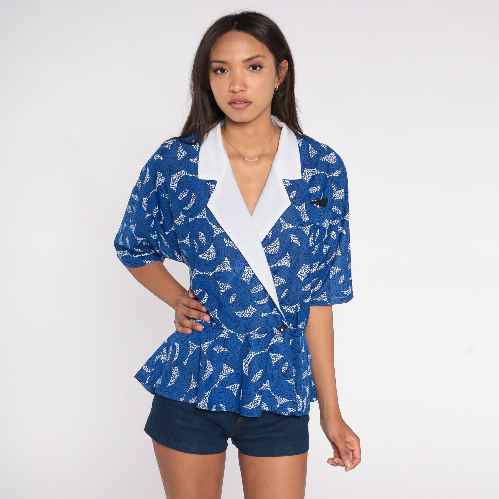 80s Blue Abstract Dot Wave Blouse Contrast Collar Peplum Wrap Shirt Large