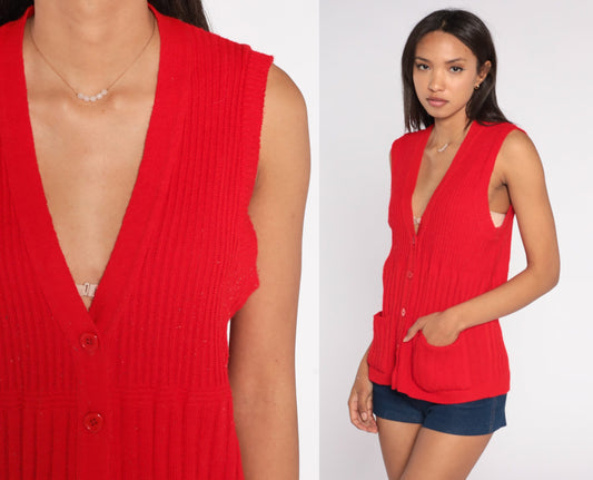 80s Red Ribbed Knit Sweater Vest Button-Up V-Neck Sleeveless Large L