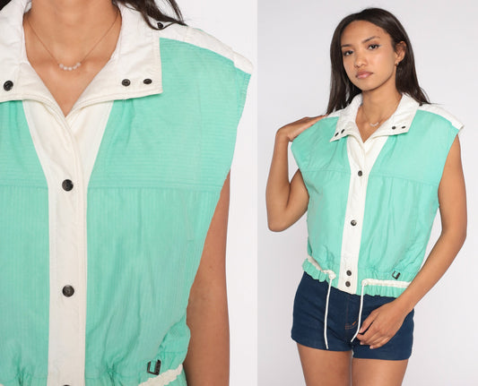 80s Mint Green Ski Puffer Vest Snap Front Drawstring Medium
