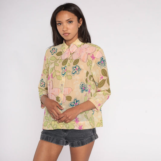 Y2K Floral Button-Up Blouse Semi Sheer Beige Long Sleeve Collared Medium