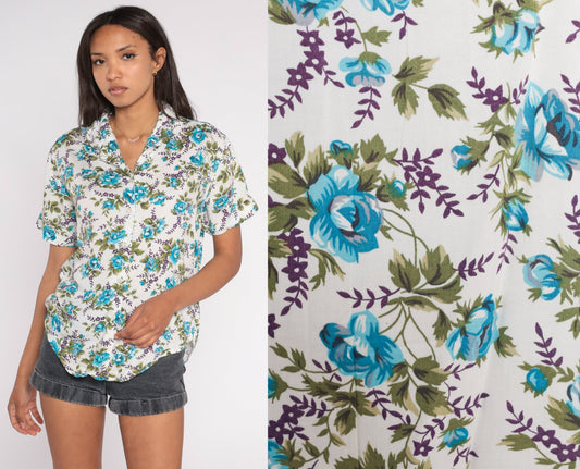 90s White Floral Rose Print Button-Up Blouse Short Sleeve Collared Medium M