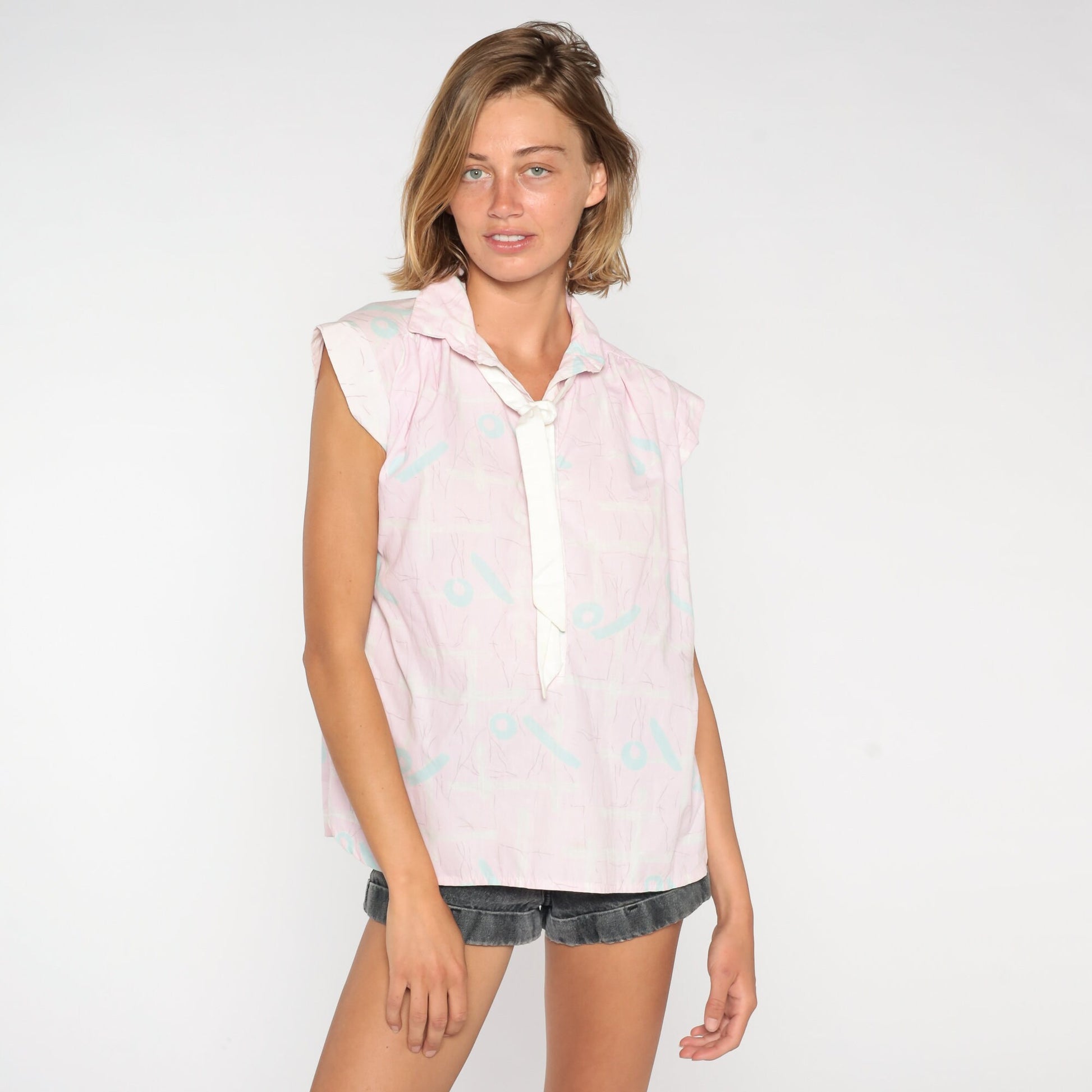 80s Pink Abstract Necktie Blouse Cap Sleeve Ascot Top Small S