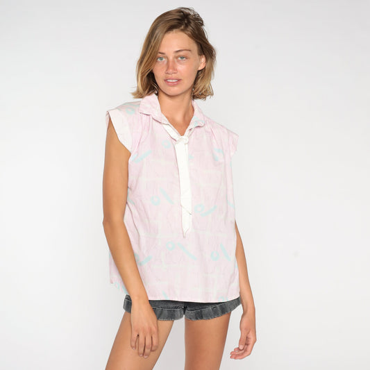 80s Pink Abstract Necktie Blouse Cap Sleeve Ascot Top Small S