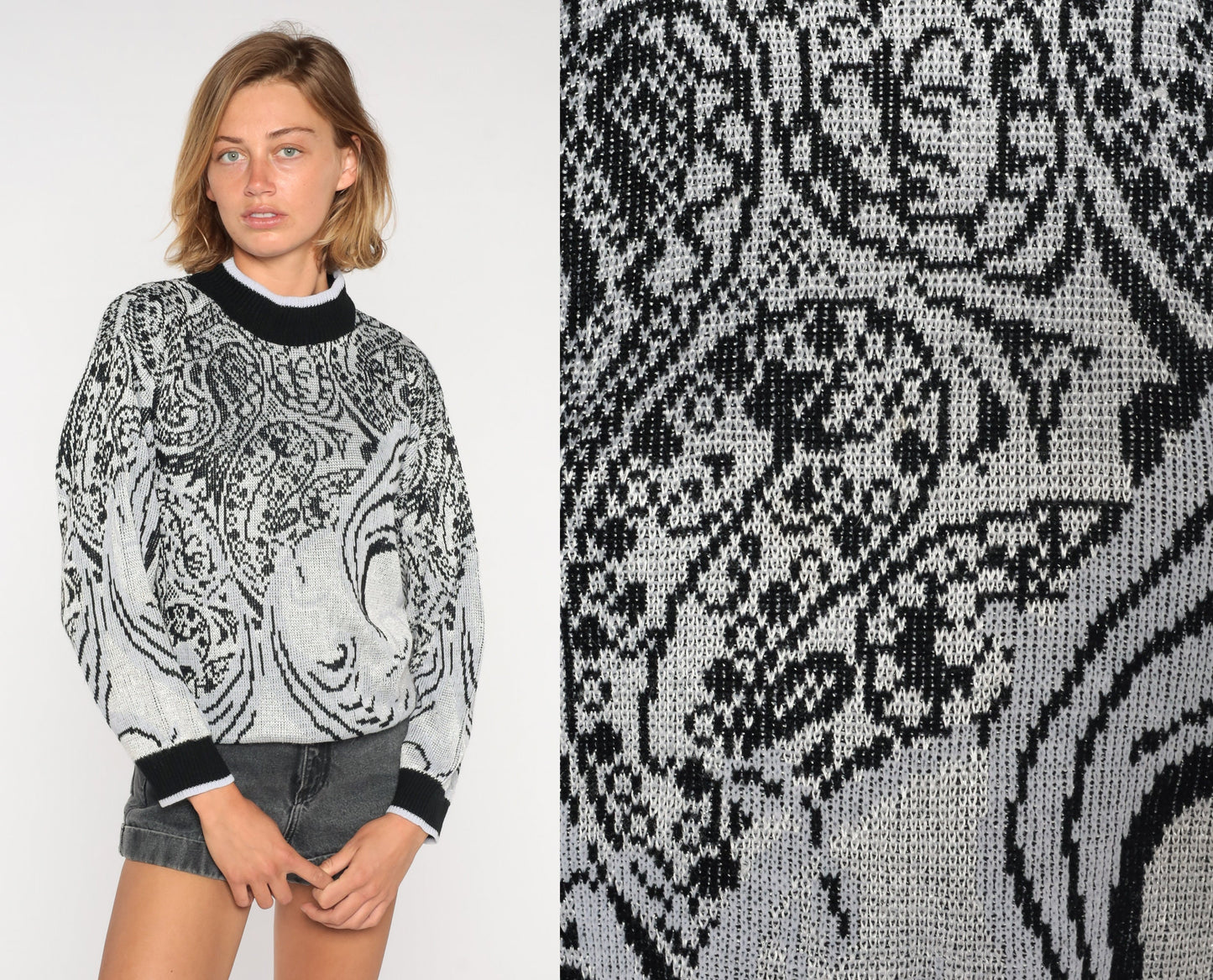 80s Grey Paisley Mock Neck Sweater Knit Pullover Medium M