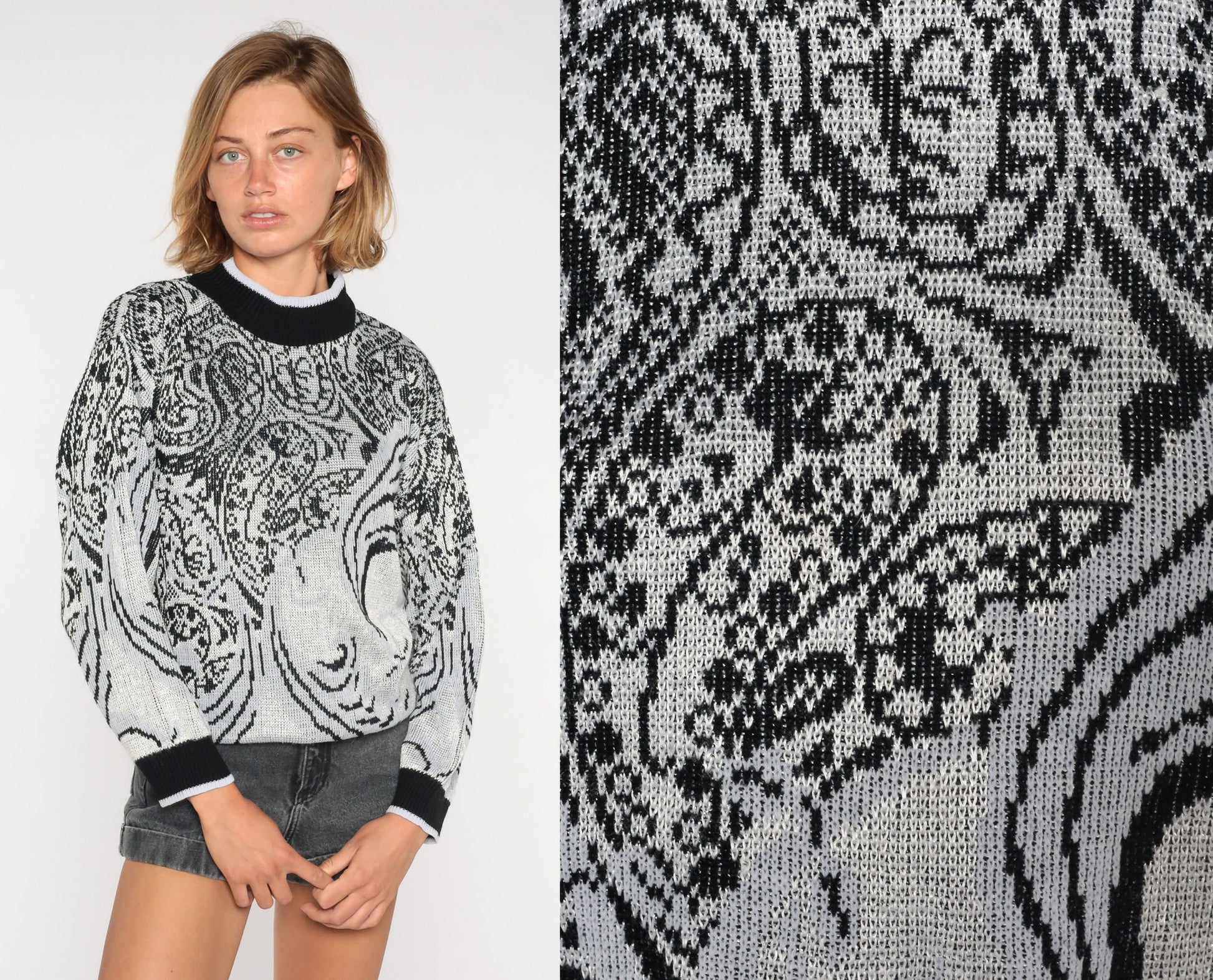 80s Grey Paisley Mock Neck Sweater Knit Pullover Medium M