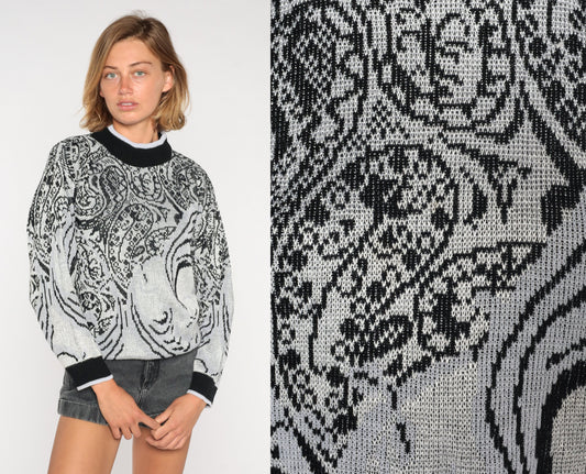 80s Grey Paisley Mock Neck Sweater Knit Pullover Medium M