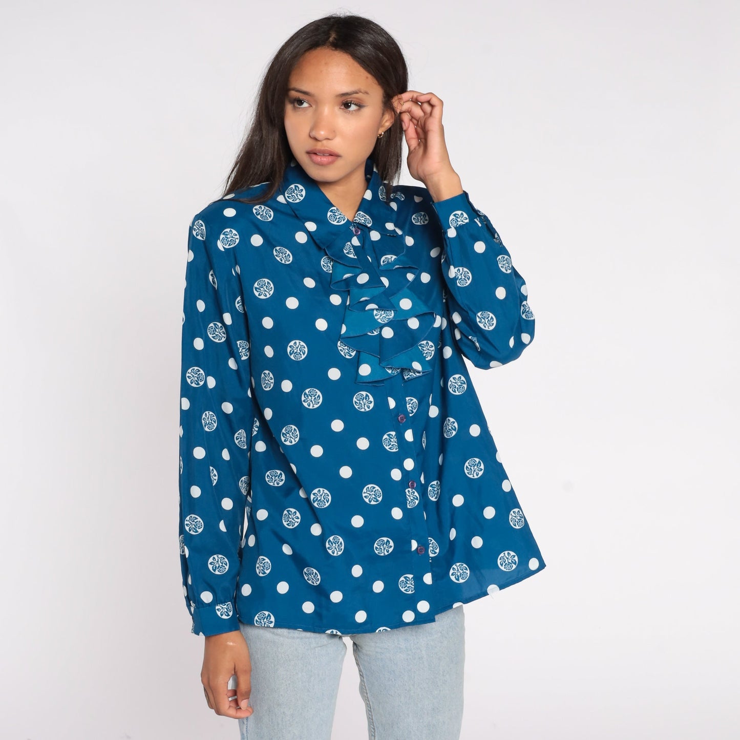 80s Blue Floral Polka Dot Jabot Blouse Button Up Long Sleeve Large L