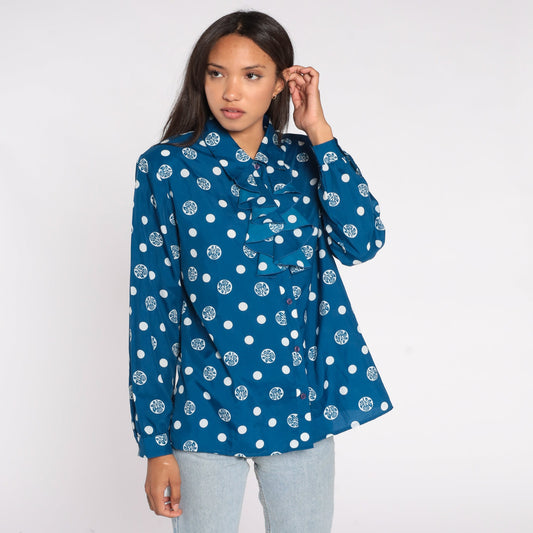80s Blue Floral Polka Dot Jabot Blouse Button Up Long Sleeve Large L