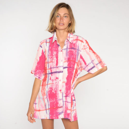 90s Abstract Brushstroke Button-Up Blouse Pink Purple Red Extra Large