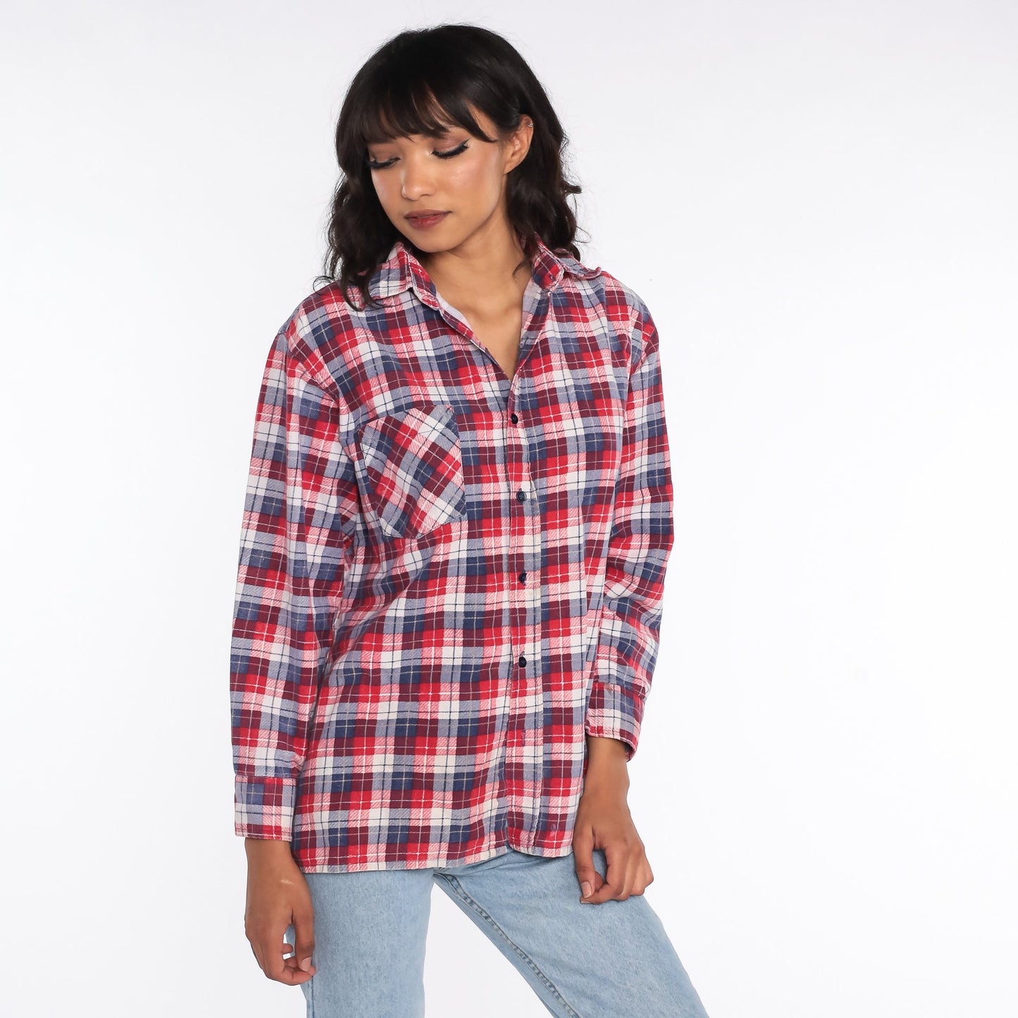 90s Red Blue Plaid Flannel Shirt Cotton Button Up Medium