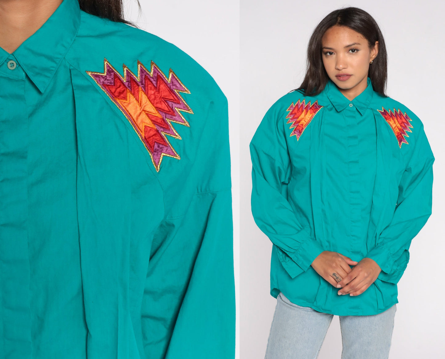 90s Wrangler Southwestern Aztec Geometric Button Up Shirt Turquoise Large L