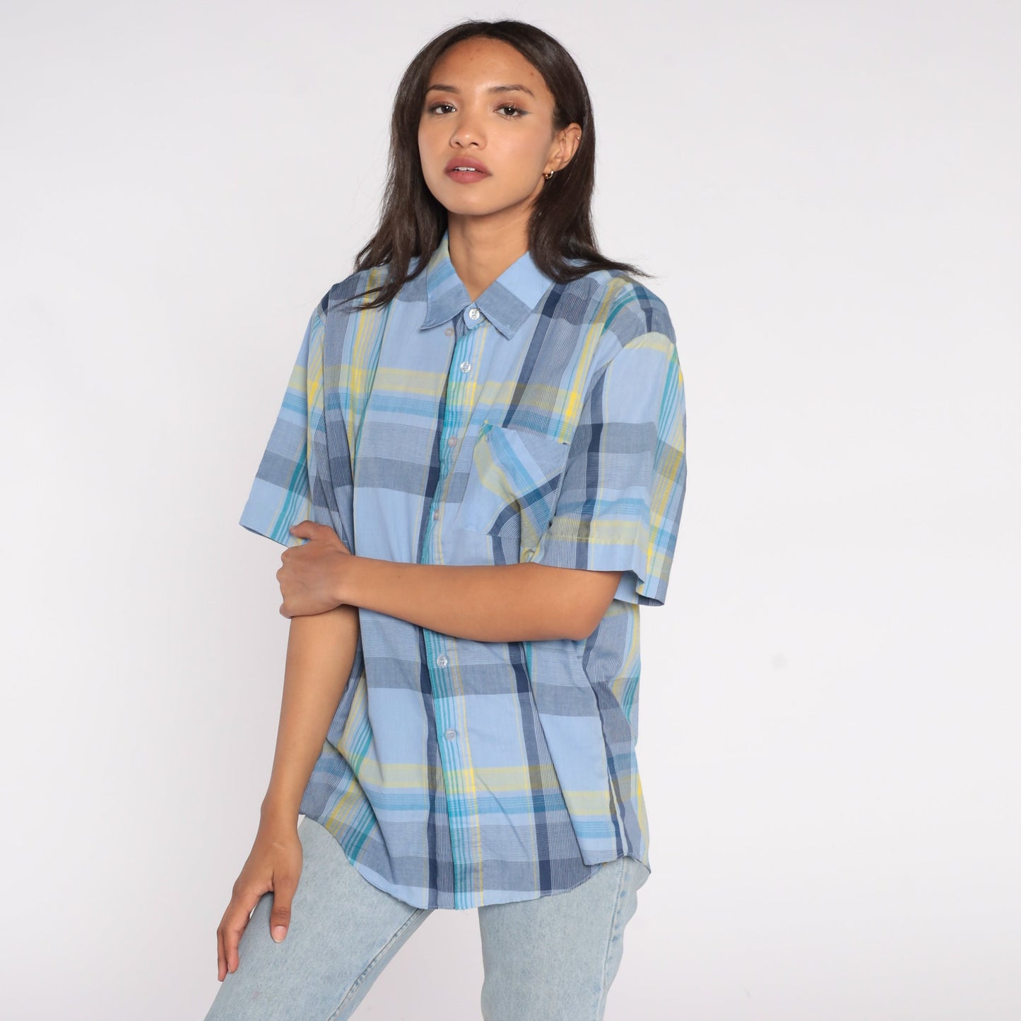 90s Valentino Chemises Blue Plaid Button-Up Shirt Short Sleeve Extra Large XL