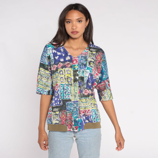 90s Batik Patchwork Geometric V-Neck Blouse Short Sleeve Large