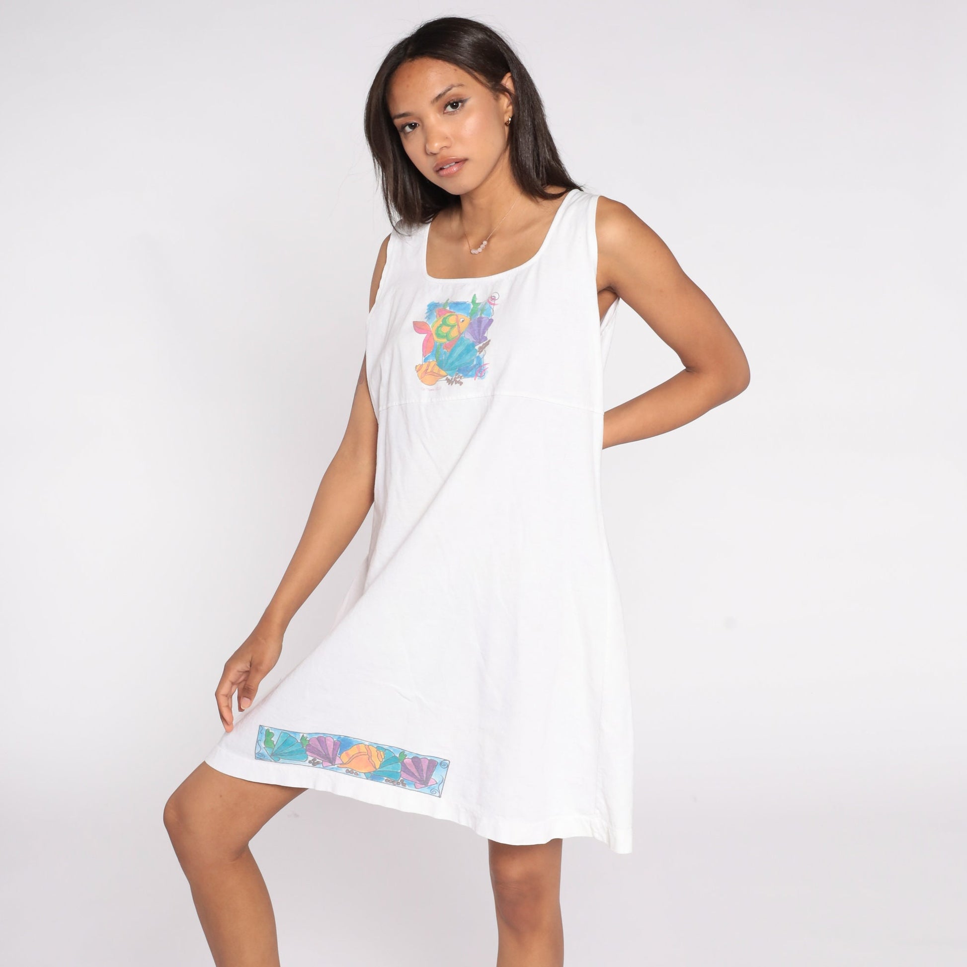 90s Tropical Fish Seashell Tank Dress White Cotton Empire Waist Large