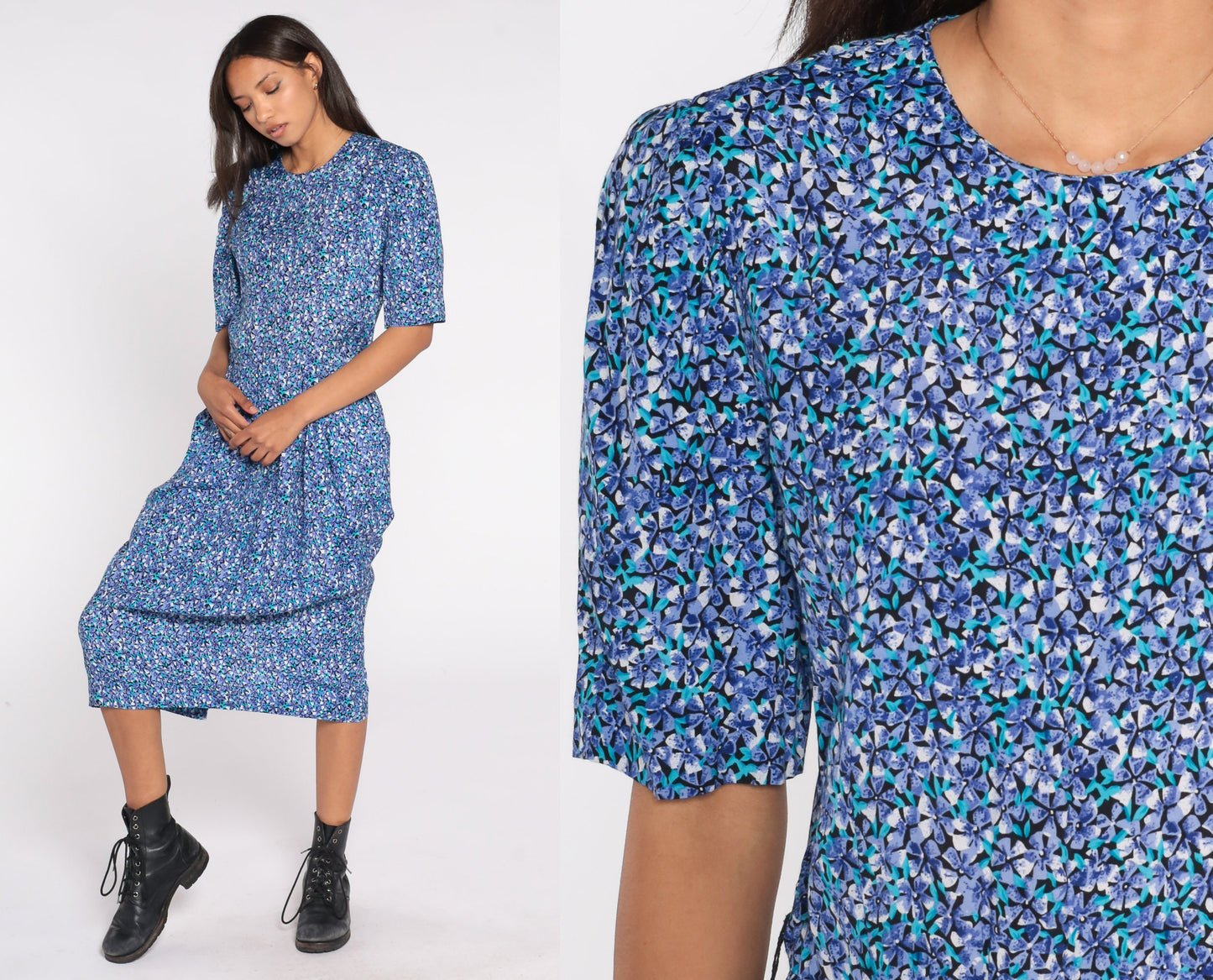 80s Blue Floral Midi Dress Puff Sleeve High Waist Rayon Medium