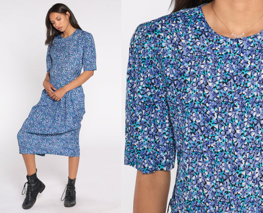 80s Blue Floral Midi Dress Puff Sleeve High Waist Rayon Medium