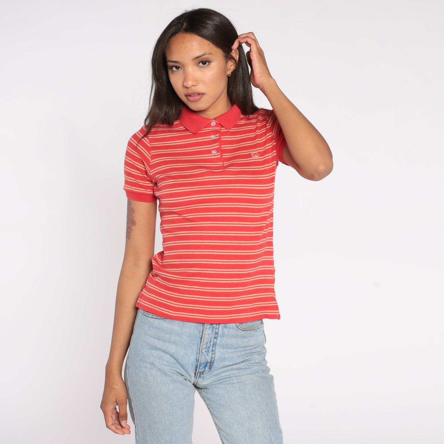 90s Polo Shirt Red Tan Striped Horse Crest Cotton Small S