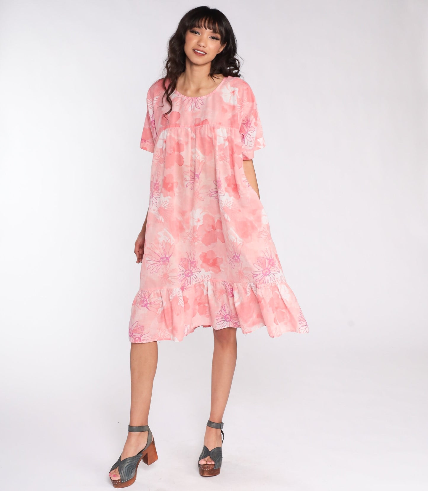 80s Floral Midi Dress Pink Tent Cut Short Sleeve Extra Large