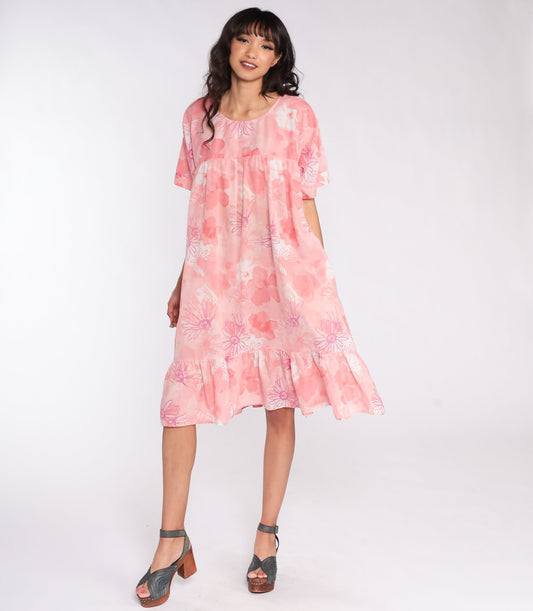 80s Floral Midi Dress Pink Tent Cut Short Sleeve Extra Large