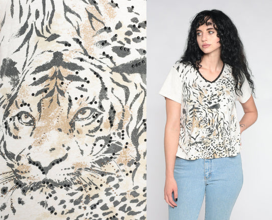Y2K Tiger Face Studded Graphic T-Shirt Cream Beaded Animal Tee Large L