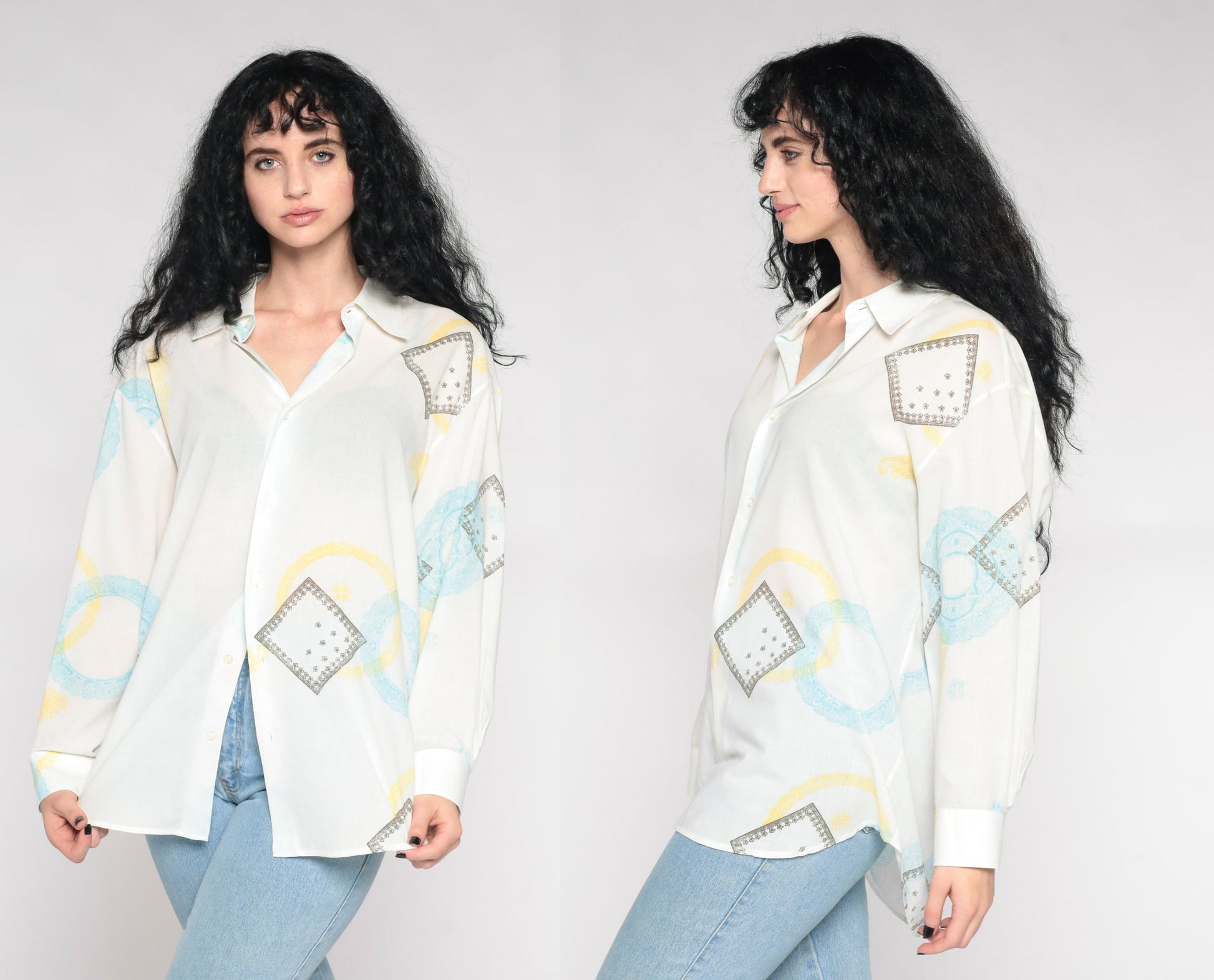 Y2K Geometric Button-Up Shirt White Pointed Collar 00s Long Sleeve Extra Large