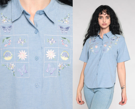 90s Alfred Dunner Blue Embroidered Floral Button Up Shirt Large L