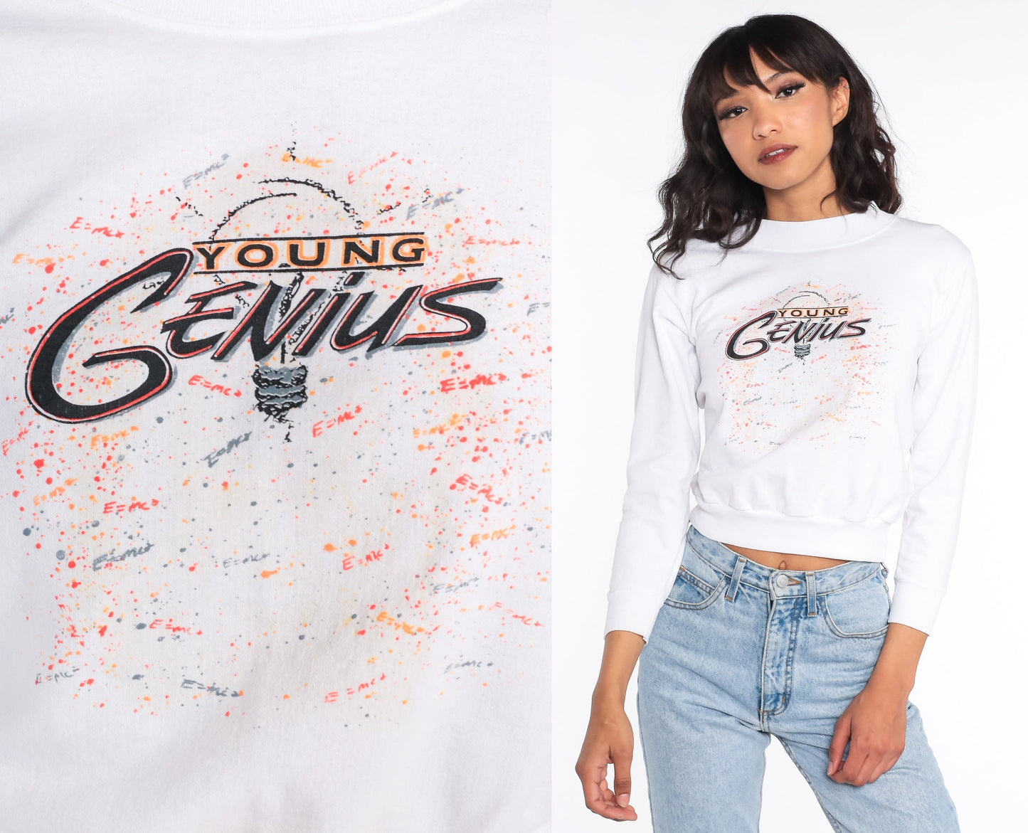 90s Young Genius Cropped Sweatshirt White Graphic Crewneck XXS
