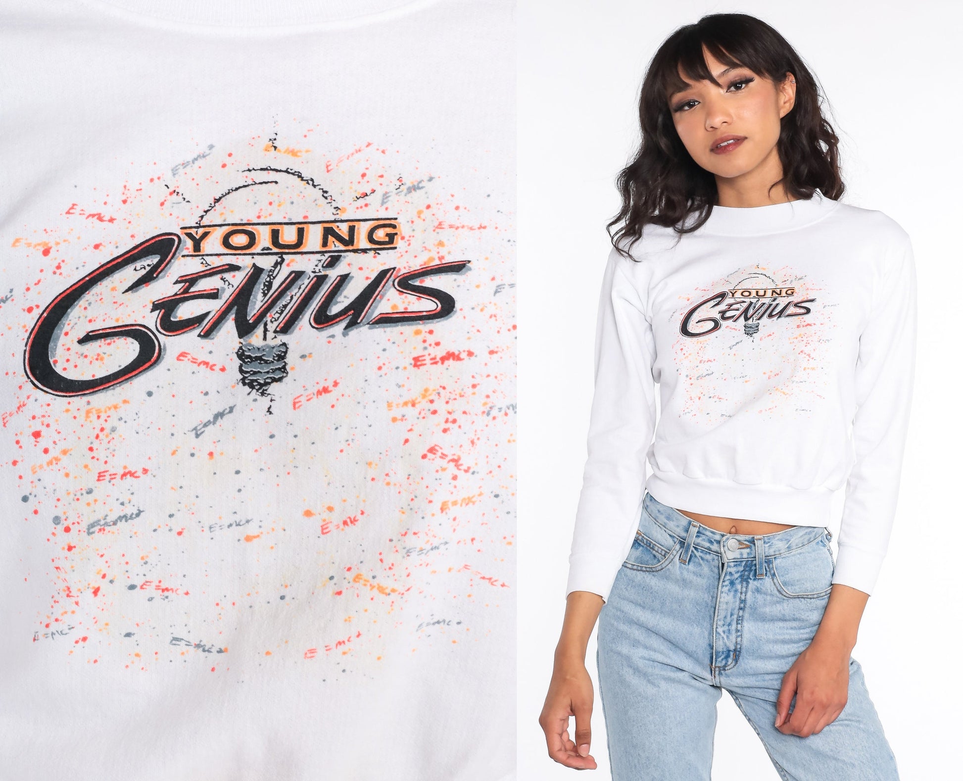 90s Young Genius Cropped Sweatshirt White Graphic Crewneck XXS