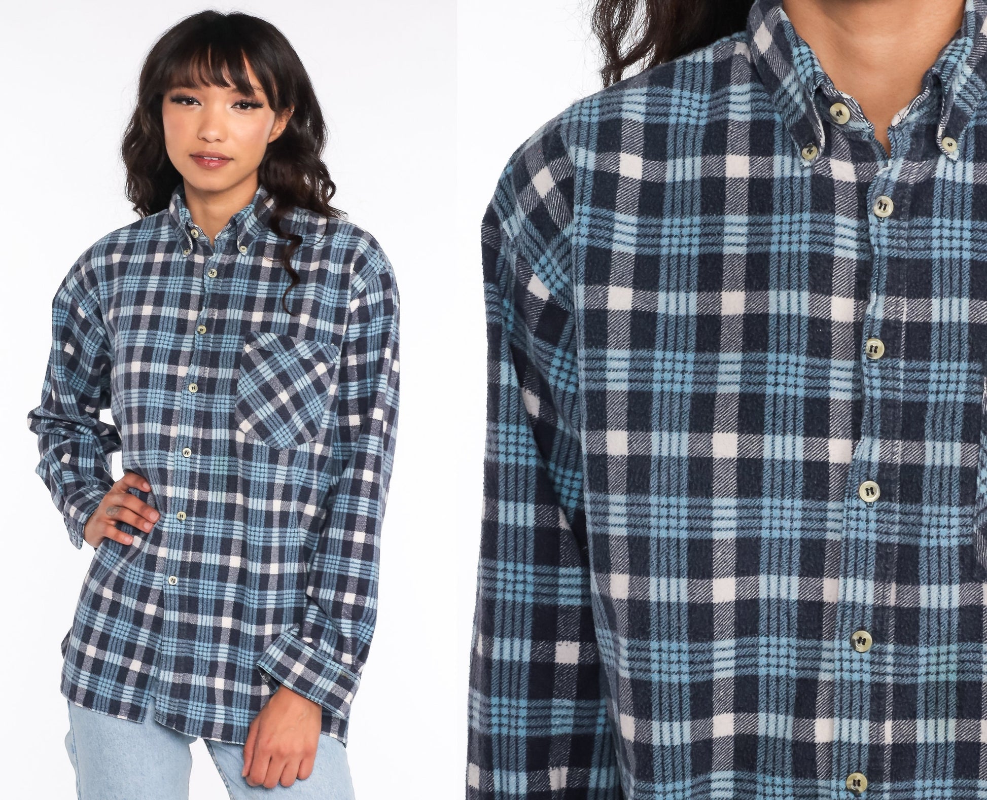 90s Blue Plaid Flannel Shirt Cotton Button-Up Long Sleeve Men's Medium