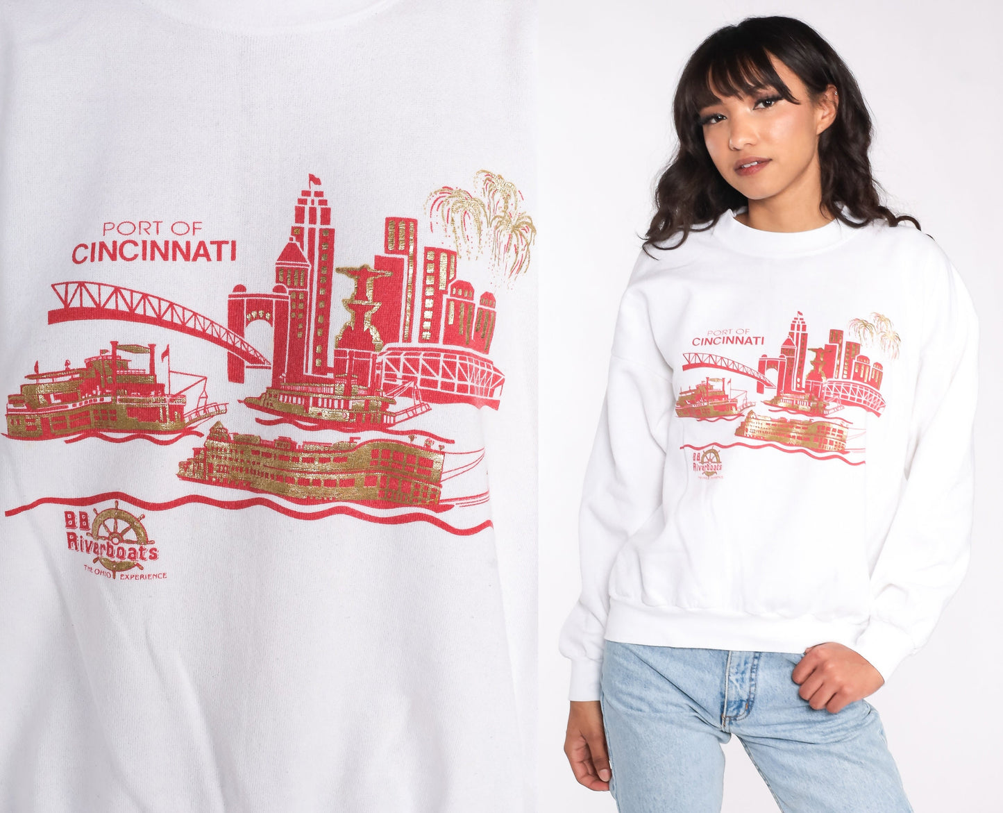 80s Port of Cincinnati BB Riverboats Graphic Sweatshirt Cityscape Large