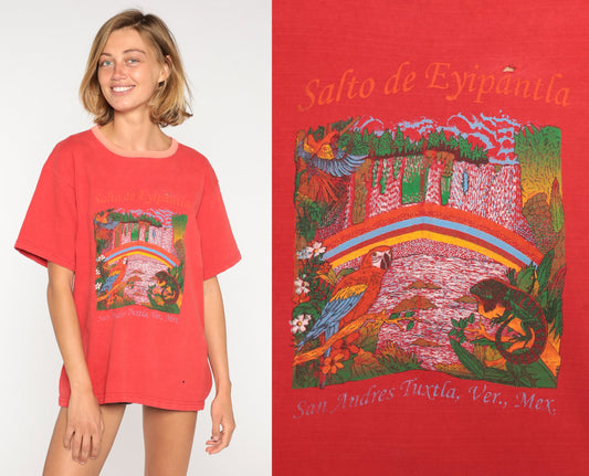 90s Mexico San Andres Tuxtla Waterfall Graphic T-Shirt Red Large