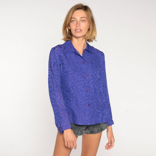90s Purple Abstract Swirl Blouse Button Up Long Sleeve Collared Small