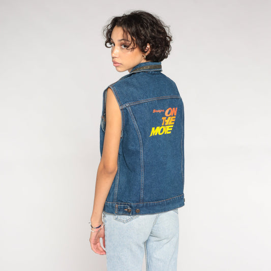 90s Snap-On Tools Denim Vest Blue Leather Trim Button-Up Sleeveless Medium