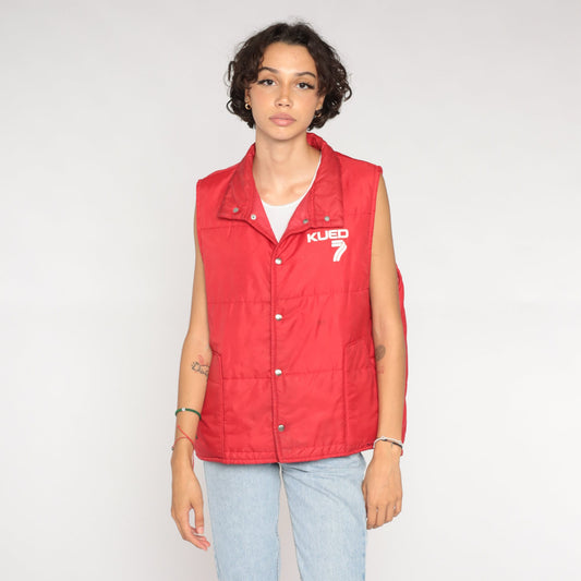 80s KUED 7 PBS Utah Red Puffer Vest Snap Front Skiwear Large