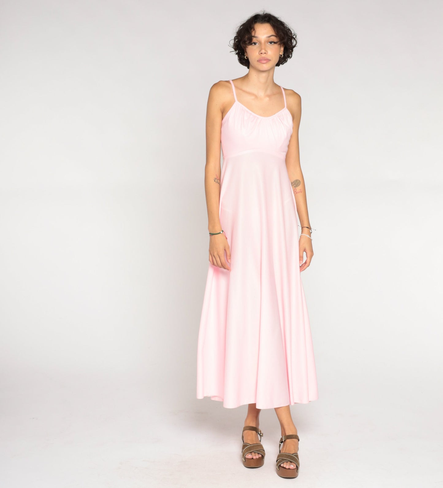 70s Baby Pink Empire Waist Maxi Dress Sleeveless Small S