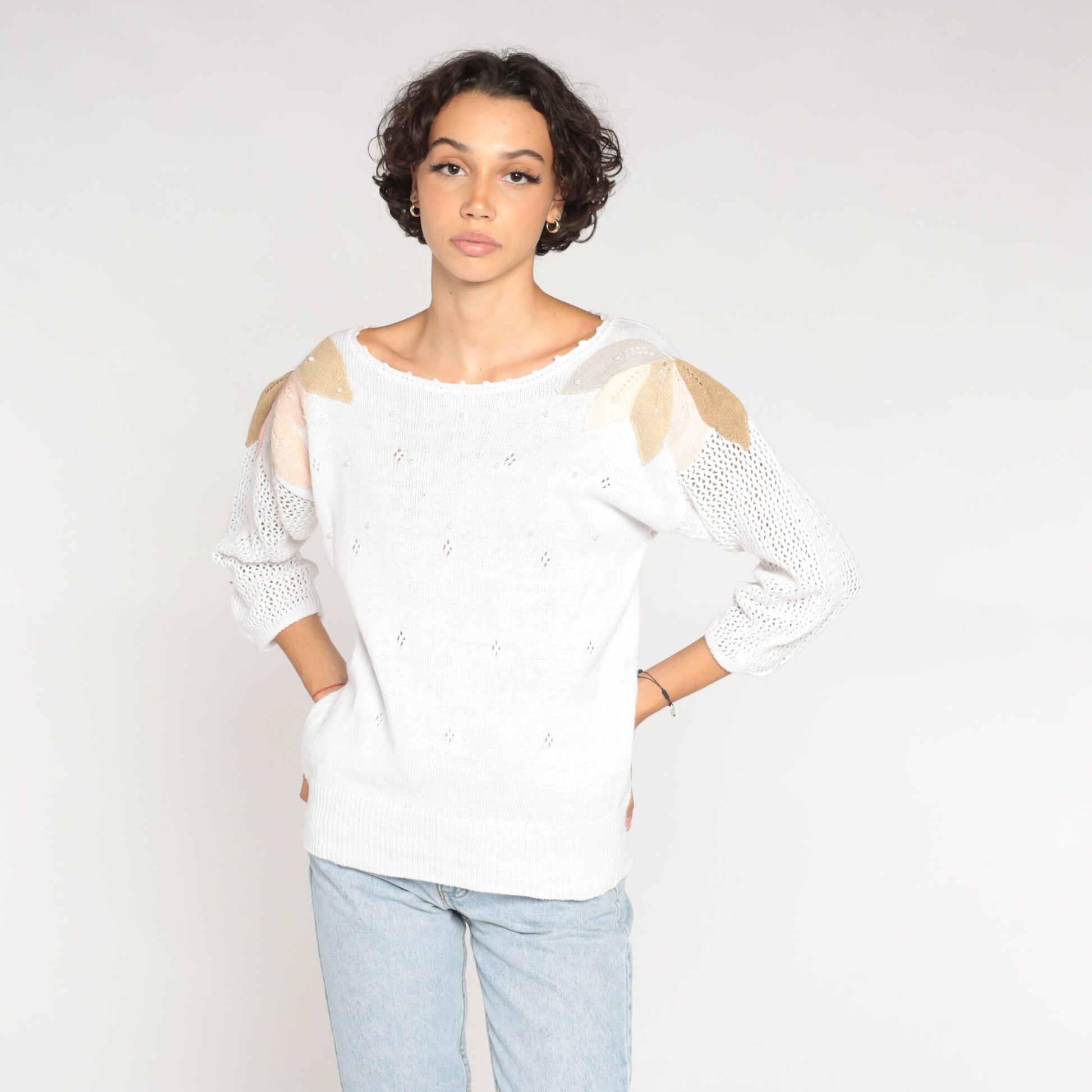 90s White Cutout Knit Sweater Pearl Beaded Leaf Applique Medium M