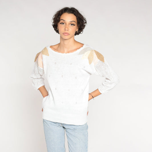90s White Cutout Knit Sweater Pearl Beaded Leaf Applique Medium M