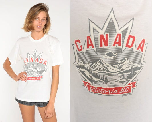 80s Victoria BC Canada Mountain Maple Leaf Graphic T-Shirt White Medium