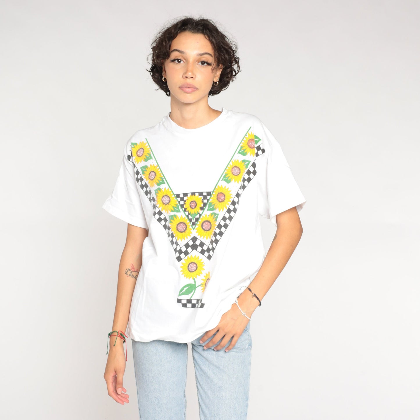 90s Sunflower Checkered Graphic T-Shirt White Cotton Single Stitch Large