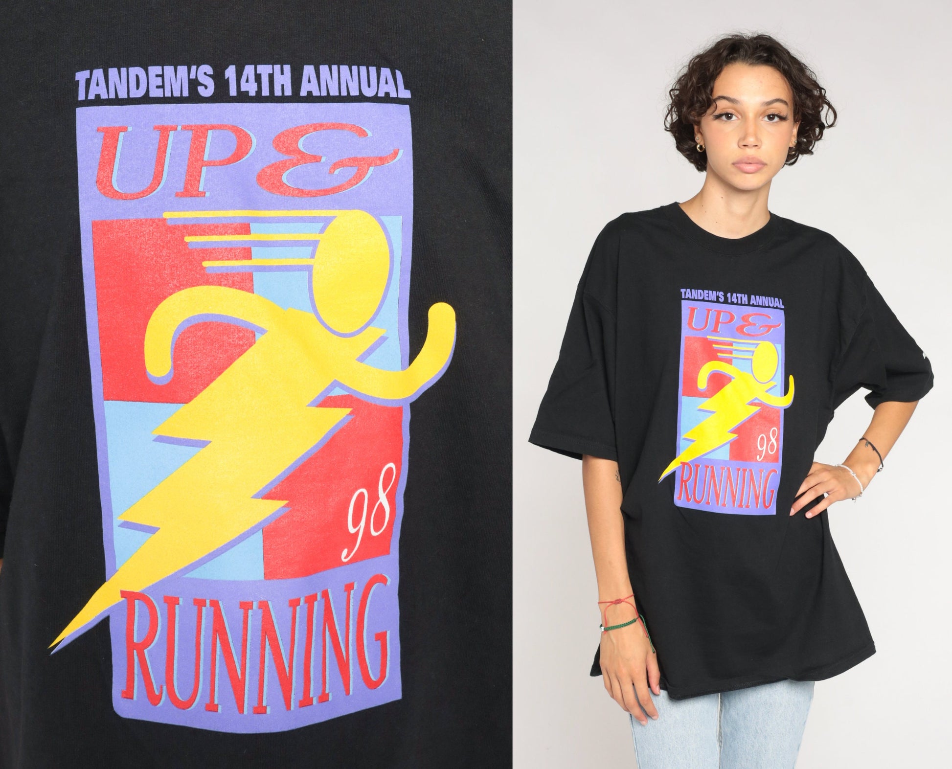1998 Tandem Up and Running Race Graphic T-Shirt Black Men's Extra Large