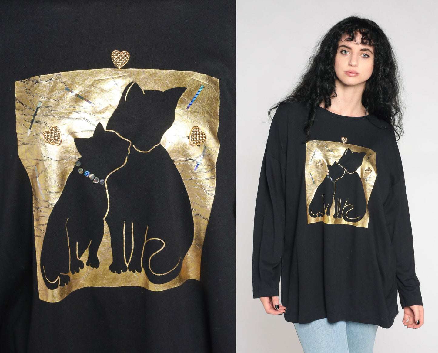 90s Cat Mama Baby Kitten Graphic Tee Gold Metallic Heart Black Extra Large