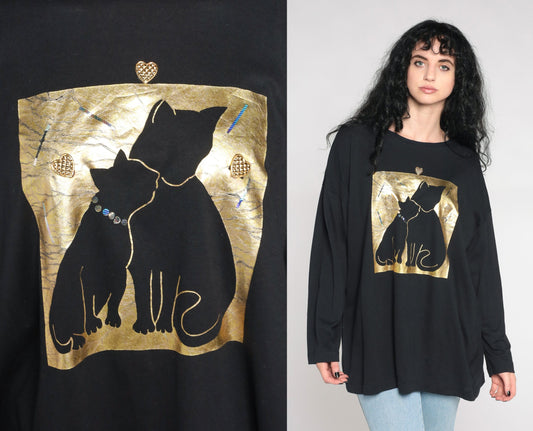 90s Cat Mama Baby Kitten Graphic Tee Gold Metallic Heart Black Extra Large