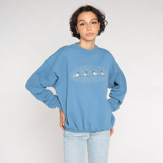90s Bird Graphic Sweatshirt Blue Embroidered Crewneck Large