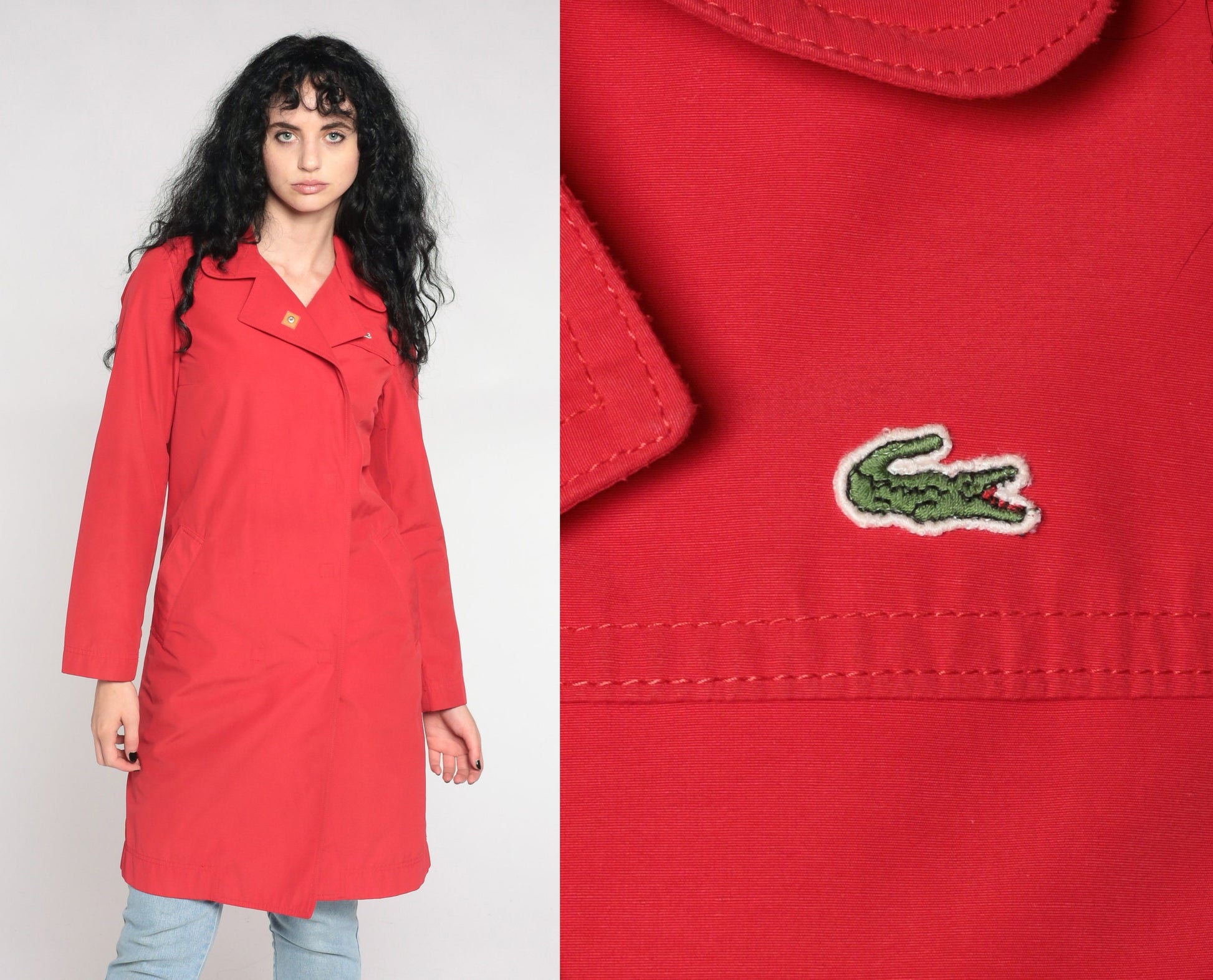 00s Lacoste Red Nylon Trench Coat Knee Length Extra Small