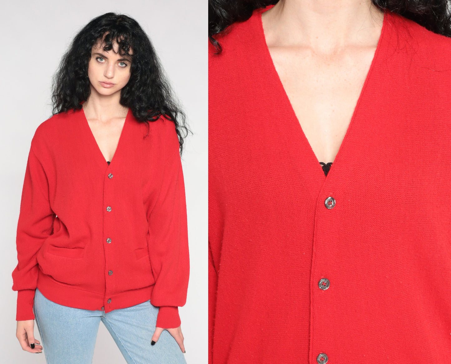 80s Red Knit Cardigan V-Neck Button-Up Sweater Large L